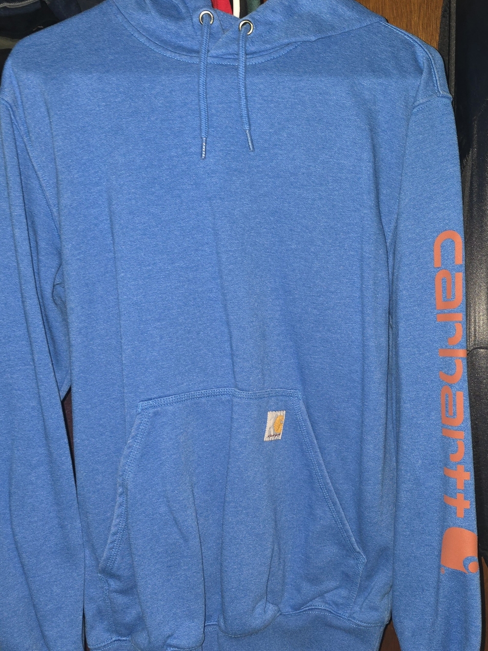 Carhartt Blue Pullover Hoodie with Orange Sleeve Logo